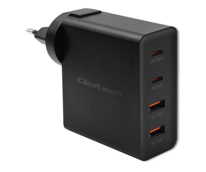 Ładowarka i akumulator QOLTEC Ładowarka GaN Power Pro | 2xUSB-C | 2xUSB | 130W | 5-20V | 1.5-5A| PD | Czarna 52383